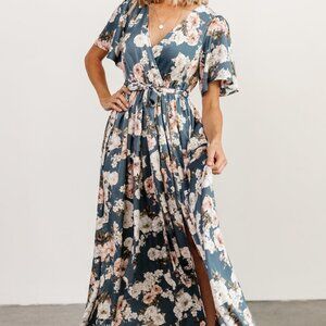 Sicily Satin Maxi Dress | Blue Floral